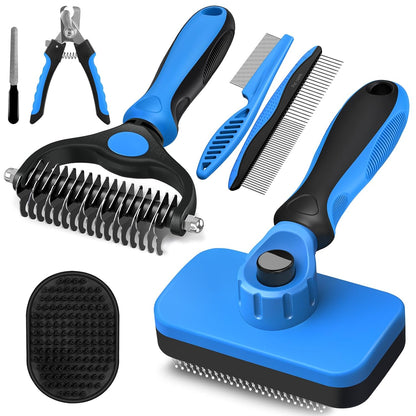 Professional 3PCS Self Cleaning Slicker Brush & Pet Grooming Rake & Flea Comb for Dogs,Cats and Horses | Double-Sided Dematting Comb & Skin Friendly Deshedding Grooming Tool | Pet Supplies (Blue)
