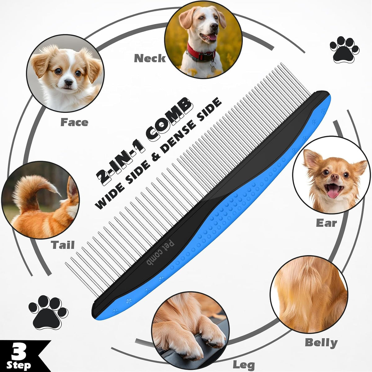 Professional 3PCS Self Cleaning Slicker Brush & Pet Grooming Rake & Flea Comb for Dogs,Cats and Horses | Double-Sided Dematting Comb & Skin Friendly Deshedding Grooming Tool | Pet Supplies (Blue)
