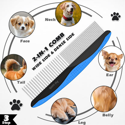 Professional 3PCS Self Cleaning Slicker Brush & Pet Grooming Rake & Flea Comb for Dogs,Cats and Horses | Double-Sided Dematting Comb & Skin Friendly Deshedding Grooming Tool | Pet Supplies (Blue)