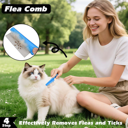 Professional 3PCS Self Cleaning Slicker Brush & Pet Grooming Rake & Flea Comb for Dogs,Cats and Horses | Double-Sided Dematting Comb & Skin Friendly Deshedding Grooming Tool | Pet Supplies (Blue)