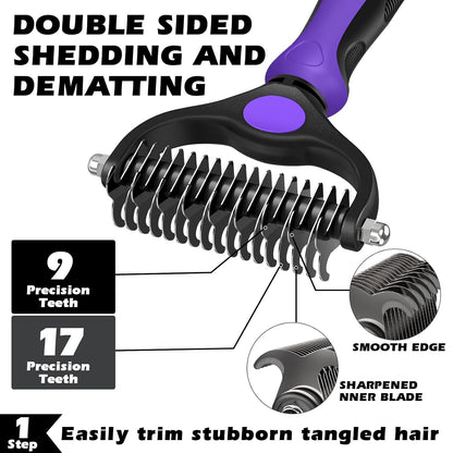 Professional 3PCS Self Cleaning Slicker Brush & Pet Grooming Rake & Flea Comb for Dogs,Cats and Horses | Double-Sided Dematting Comb & Skin Friendly Deshedding Grooming Tool | Pet Supplies (Blue)