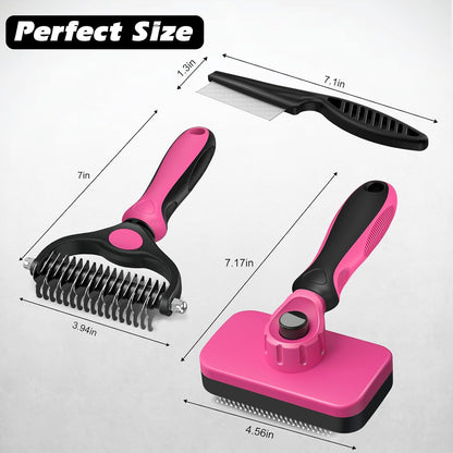 Professional 3PCS Self Cleaning Slicker Brush & Pet Grooming Rake & Flea Comb for Dogs,Cats and Horses | Double-Sided Dematting Comb & Skin Friendly Deshedding Grooming Tool | Pet Supplies (Blue)