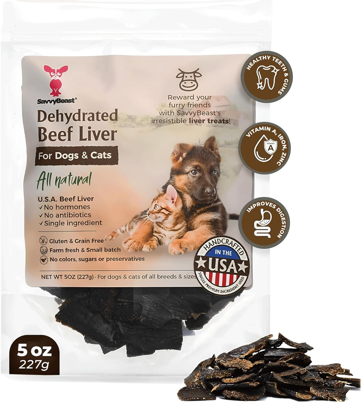 SavvyBeast Dehydrated Beef Liver Treats for Dogs & Cats, USA Made, 5 oz