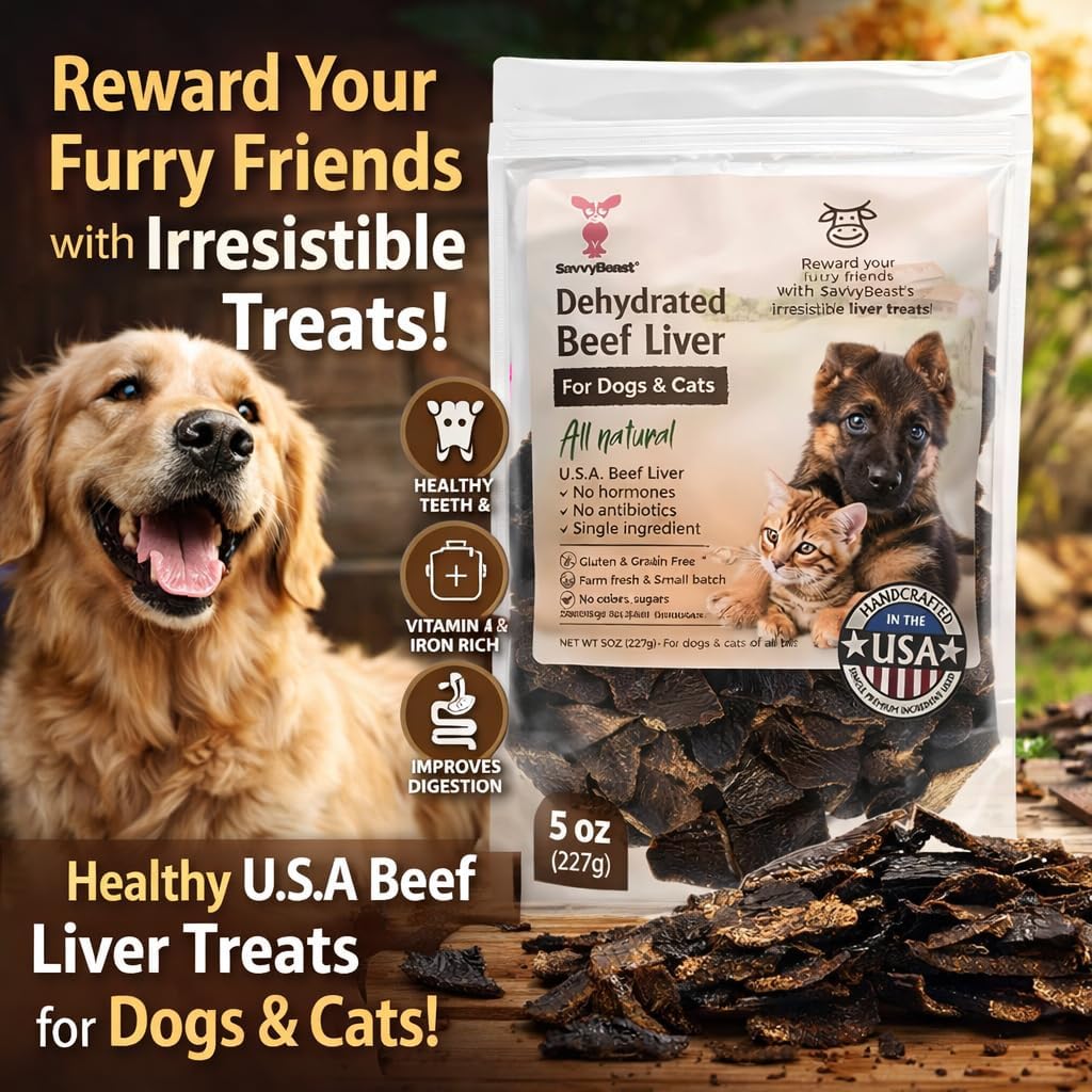 SavvyBeast Dehydrated Beef Liver Treats for Dogs & Cats, USA Made, 5 oz