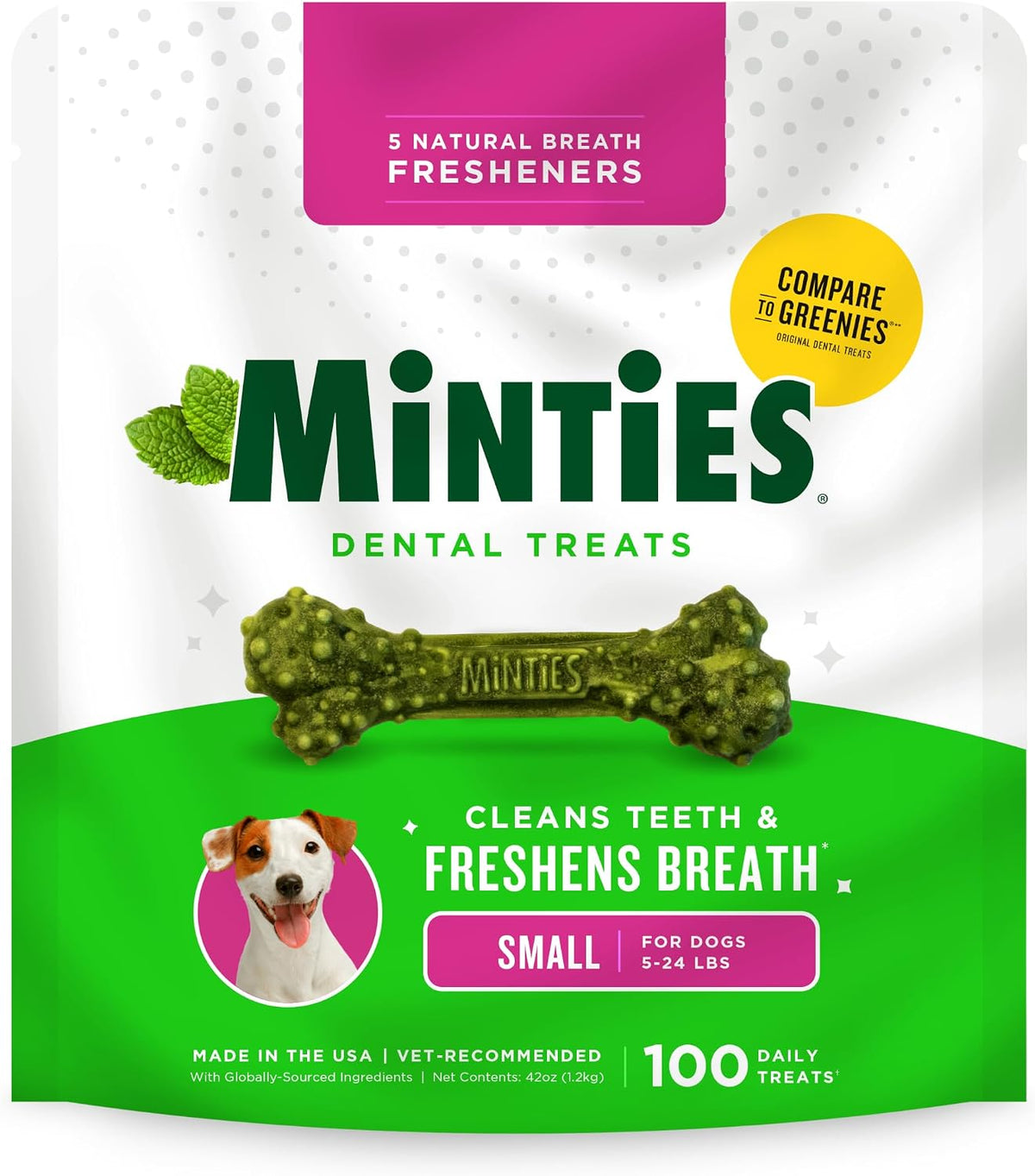 Dog Dental Bone Treats, Tiny/Small Dental Dog Treats, 16 Ounces, Cleans Teeth, Fight Bad Breath, Removes Plaque and Tartar, 40 Count