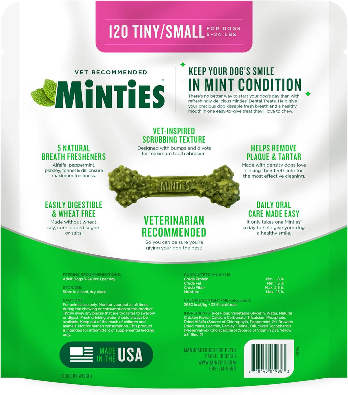 Dog Dental Bone Treats, Tiny/Small Dental Dog Treats, 16 Ounces, Cleans Teeth, Fight Bad Breath, Removes Plaque and Tartar, 40 Count
