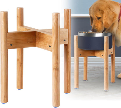 Dog Bowl Stand for Small-to-Medium Dogs - Adjustable | Use to Elevate Raise Dog Food, Water and Slow Feeder Bowls, Lock-Bolts and Tool Added, Foot-Padded, Bamboo Stand Only