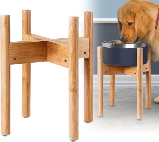 Dog Bowl Stand for Small-to-Medium Dogs - Adjustable | Use to Elevate Raise Dog Food, Water and Slow Feeder Bowls, Lock-Bolts and Tool Added, Foot-Padded, Bamboo Stand Only