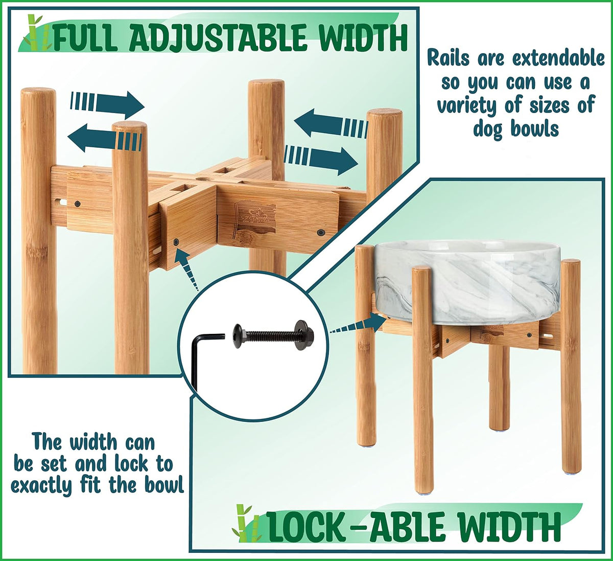 Dog Bowl Stand for Small-to-Medium Dogs - Adjustable | Use to Elevate Raise Dog Food, Water and Slow Feeder Bowls, Lock-Bolts and Tool Added, Foot-Padded, Bamboo Stand Only