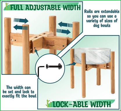 Dog Bowl Stand for Small-to-Medium Dogs - Adjustable | Use to Elevate Raise Dog Food, Water and Slow Feeder Bowls, Lock-Bolts and Tool Added, Foot-Padded, Bamboo Stand Only