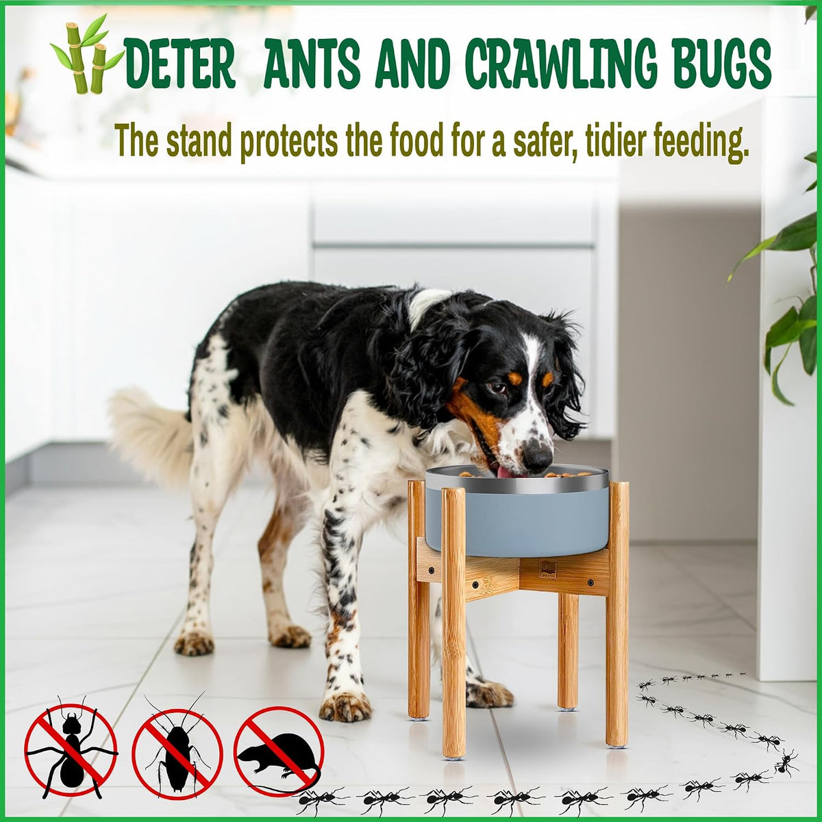 Dog Bowl Stand for Small-to-Medium Dogs - Adjustable | Use to Elevate Raise Dog Food, Water and Slow Feeder Bowls, Lock-Bolts and Tool Added, Foot-Padded, Bamboo Stand Only