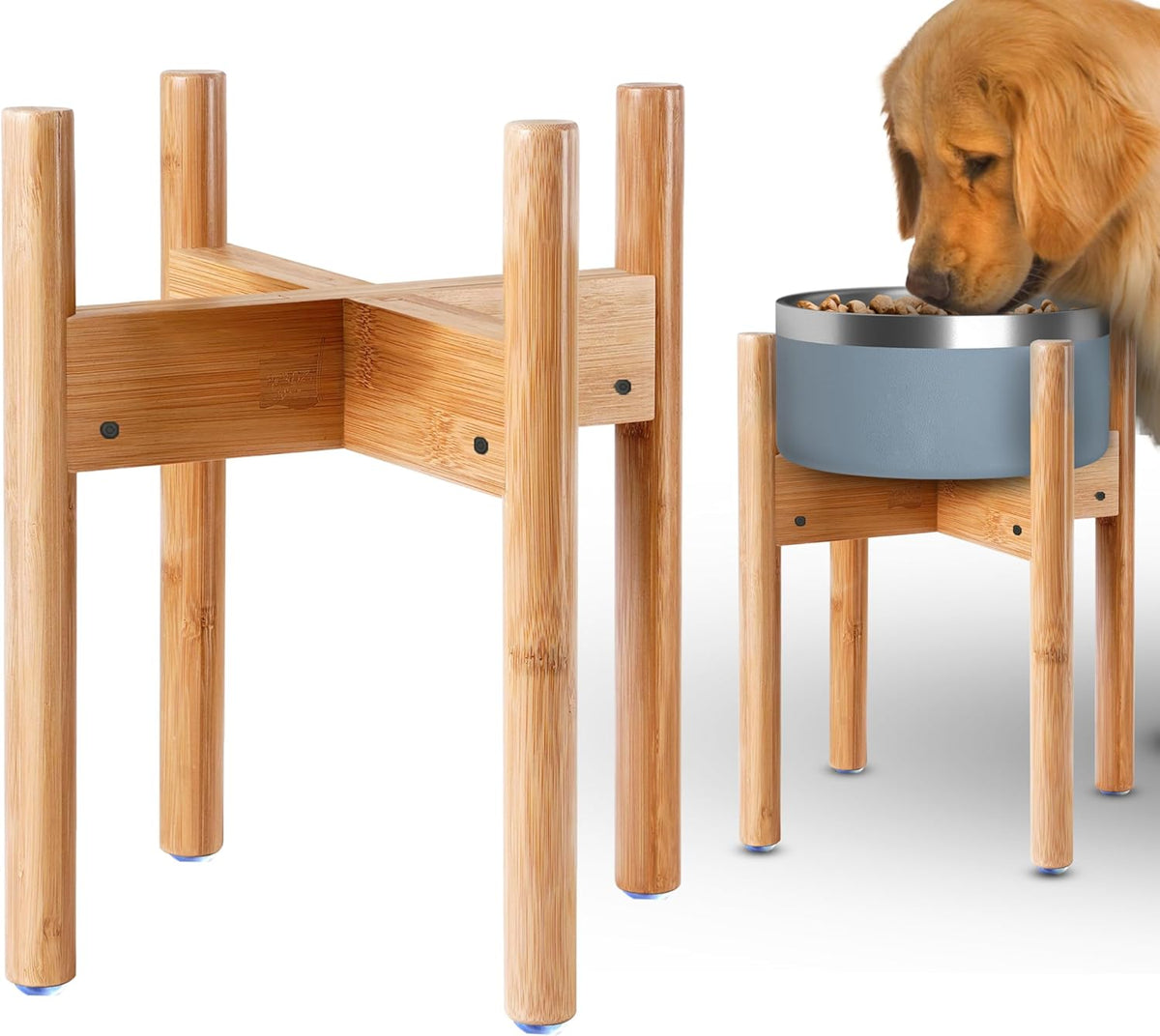 Dog Bowl Stand for Small-to-Medium Dogs - Adjustable | Use to Elevate Raise Dog Food, Water and Slow Feeder Bowls, Lock-Bolts and Tool Added, Foot-Padded, Bamboo Stand Only
