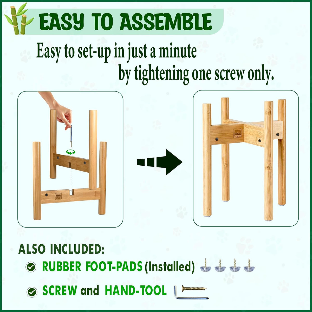 Dog Bowl Stand for Small-to-Medium Dogs - Adjustable | Use to Elevate Raise Dog Food, Water and Slow Feeder Bowls, Lock-Bolts and Tool Added, Foot-Padded, Bamboo Stand Only