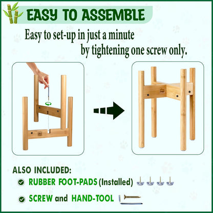 Dog Bowl Stand for Small-to-Medium Dogs - Adjustable | Use to Elevate Raise Dog Food, Water and Slow Feeder Bowls, Lock-Bolts and Tool Added, Foot-Padded, Bamboo Stand Only