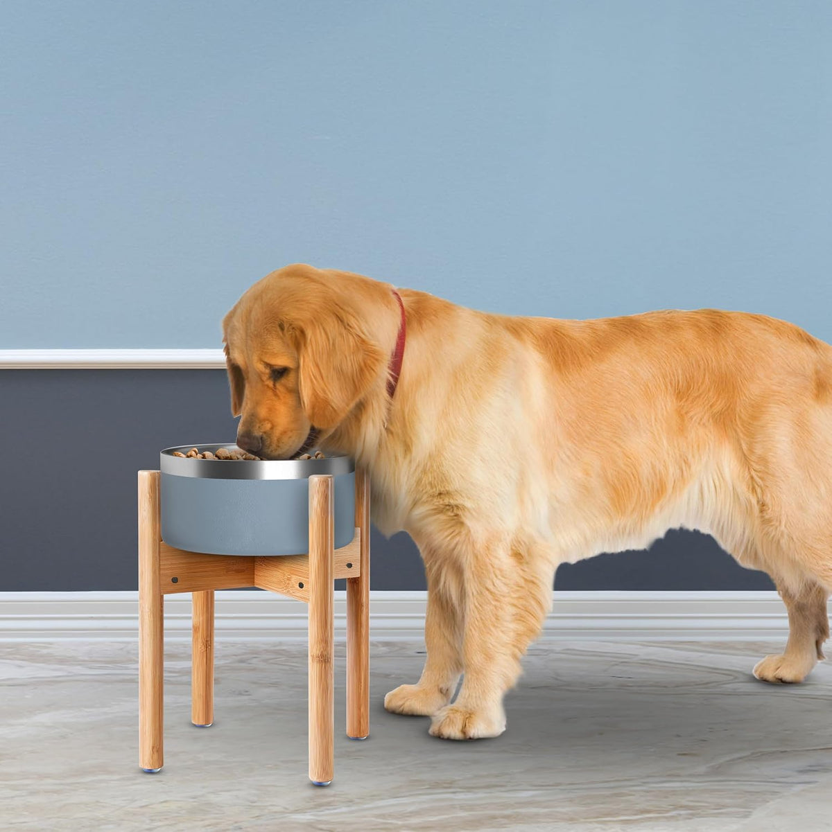 Dog Bowl Stand for Small-to-Medium Dogs - Adjustable | Use to Elevate Raise Dog Food, Water and Slow Feeder Bowls, Lock-Bolts and Tool Added, Foot-Padded, Bamboo Stand Only