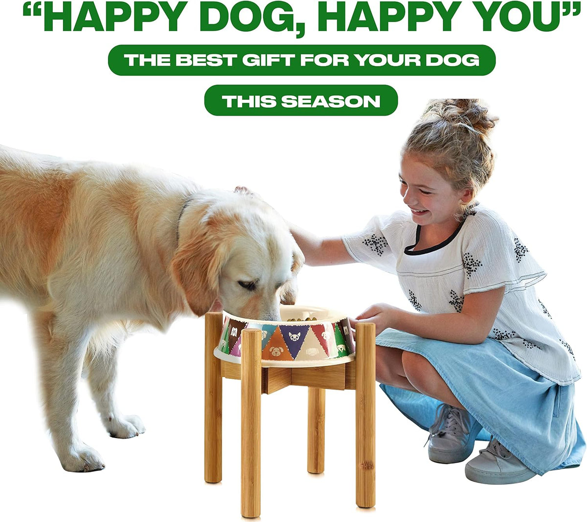 Dog Bowl Stand for Small-to-Medium Dogs - Adjustable | Use to Elevate Raise Dog Food, Water and Slow Feeder Bowls, Lock-Bolts and Tool Added, Foot-Padded, Bamboo Stand Only