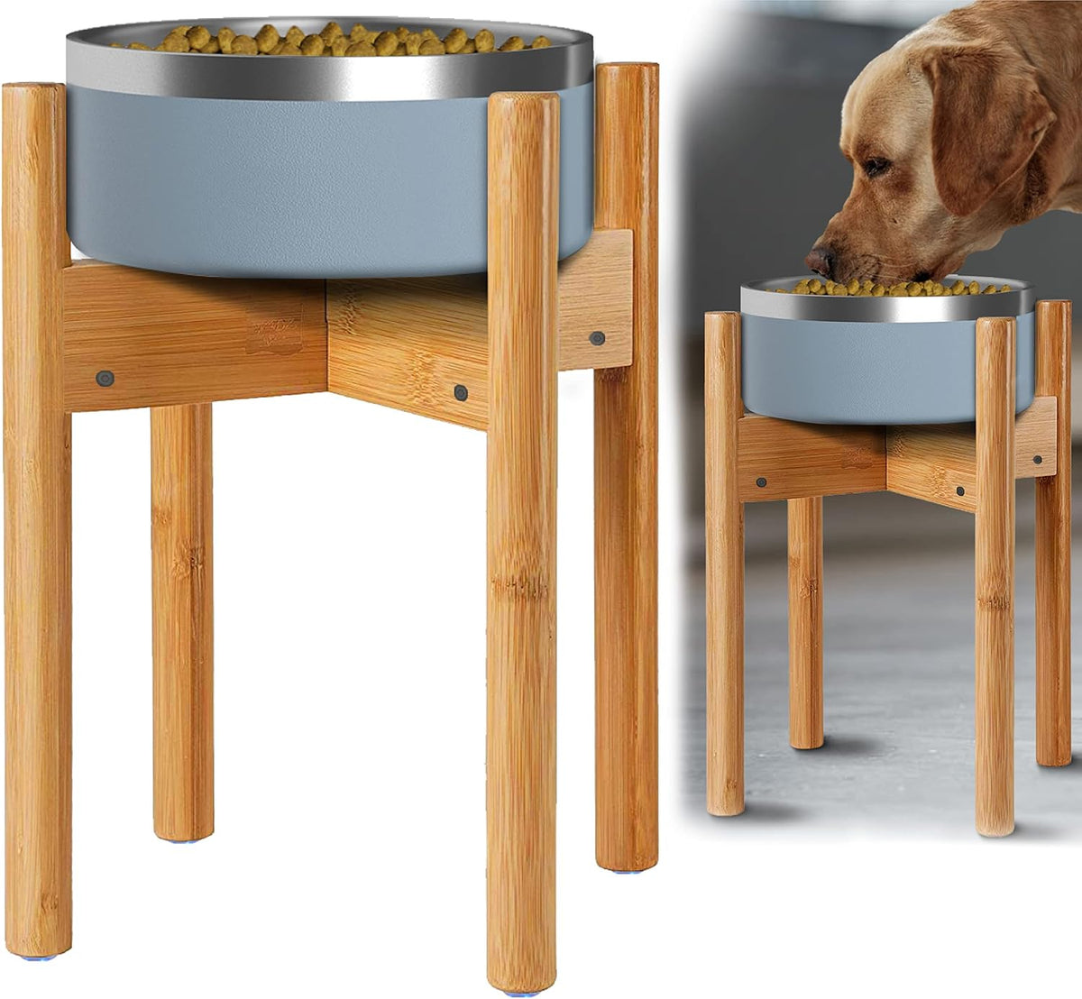 Dog Bowl Stand for Small-to-Medium Dogs - Adjustable | Use to Elevate Raise Dog Food, Water and Slow Feeder Bowls, Lock-Bolts and Tool Added, Foot-Padded, Bamboo Stand Only