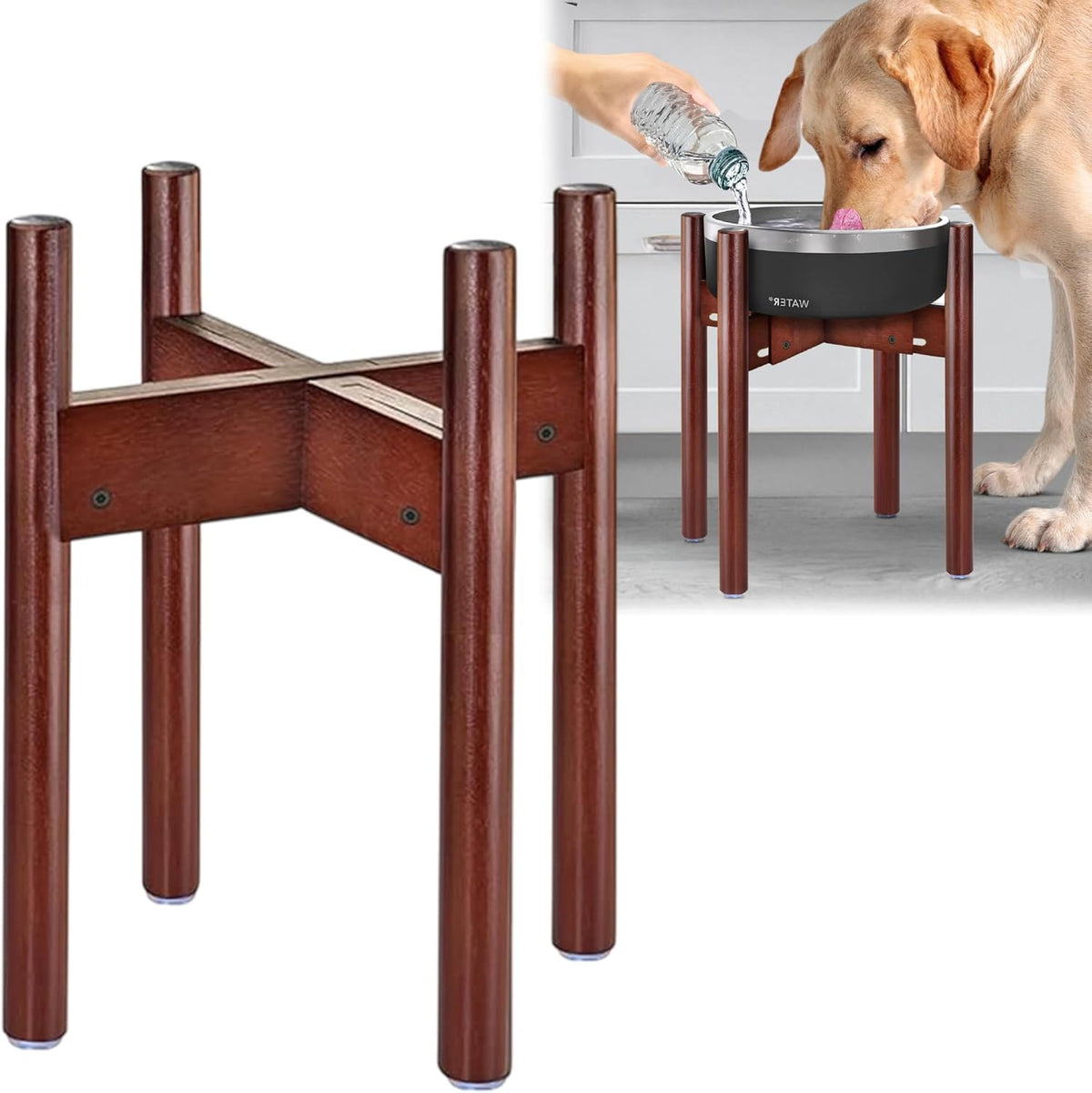 Dog Bowl Stand for Small-to-Medium Dogs - Adjustable | Use to Elevate Raise Dog Food, Water and Slow Feeder Bowls, Lock-Bolts and Tool Added, Foot-Padded, Bamboo Stand Only