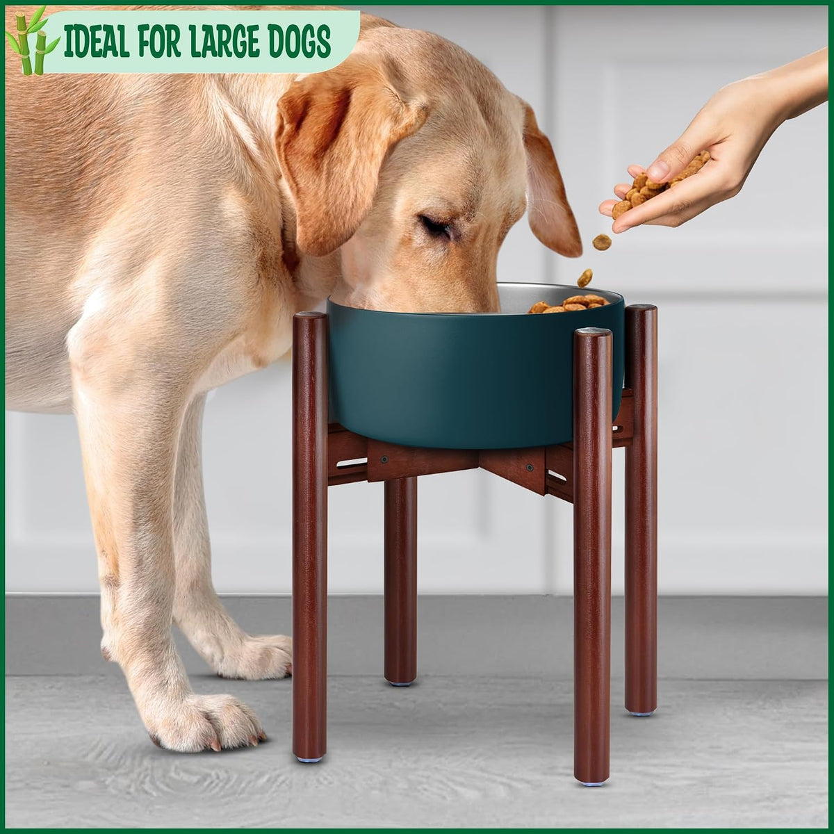 Dog Bowl Stand for Small-to-Medium Dogs - Adjustable | Use to Elevate Raise Dog Food, Water and Slow Feeder Bowls, Lock-Bolts and Tool Added, Foot-Padded, Bamboo Stand Only