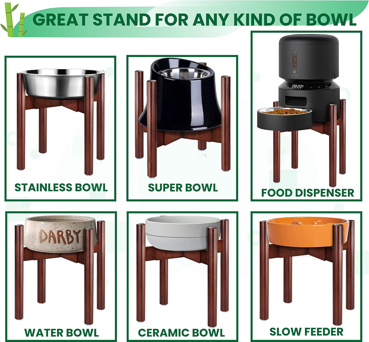 Dog Bowl Stand for Small-to-Medium Dogs - Adjustable | Use to Elevate Raise Dog Food, Water and Slow Feeder Bowls, Lock-Bolts and Tool Added, Foot-Padded, Bamboo Stand Only
