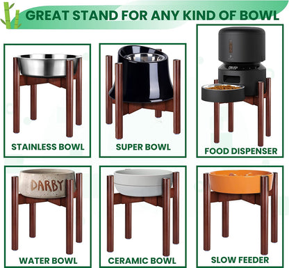 Dog Bowl Stand for Small-to-Medium Dogs - Adjustable | Use to Elevate Raise Dog Food, Water and Slow Feeder Bowls, Lock-Bolts and Tool Added, Foot-Padded, Bamboo Stand Only