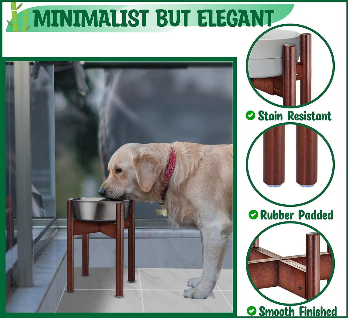 Dog Bowl Stand for Small-to-Medium Dogs - Adjustable | Use to Elevate Raise Dog Food, Water and Slow Feeder Bowls, Lock-Bolts and Tool Added, Foot-Padded, Bamboo Stand Only