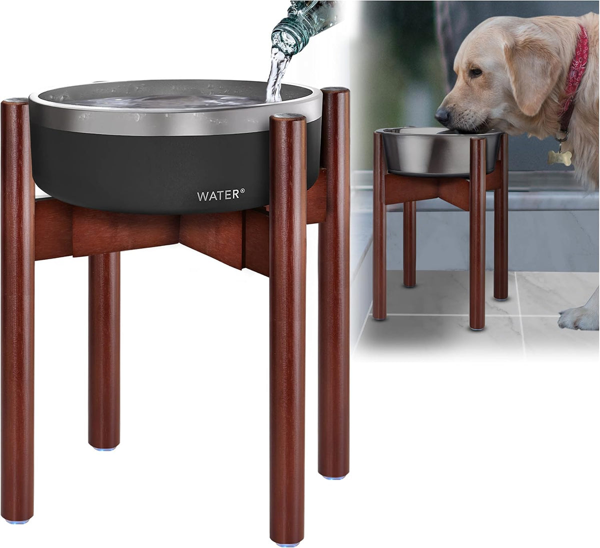 Dog Bowl Stand for Small-to-Medium Dogs - Adjustable | Use to Elevate Raise Dog Food, Water and Slow Feeder Bowls, Lock-Bolts and Tool Added, Foot-Padded, Bamboo Stand Only