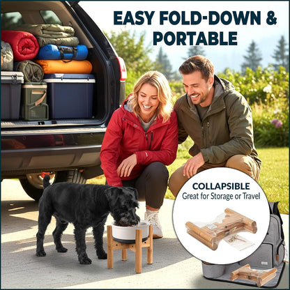 Dog Bowl Stand for Small-to-Medium Dogs - Adjustable | Use to Elevate Raise Dog Food, Water and Slow Feeder Bowls, Lock-Bolts and Tool Added, Foot-Padded, Bamboo Stand Only