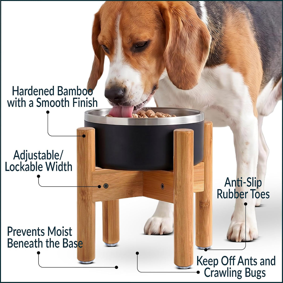 Dog Bowl Stand for Small-to-Medium Dogs - Adjustable | Use to Elevate Raise Dog Food, Water and Slow Feeder Bowls, Lock-Bolts and Tool Added, Foot-Padded, Bamboo Stand Only