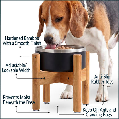 Dog Bowl Stand for Small-to-Medium Dogs - Adjustable | Use to Elevate Raise Dog Food, Water and Slow Feeder Bowls, Lock-Bolts and Tool Added, Foot-Padded, Bamboo Stand Only