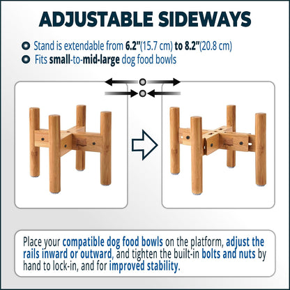 Dog Bowl Stand for Small-to-Medium Dogs - Adjustable | Use to Elevate Raise Dog Food, Water and Slow Feeder Bowls, Lock-Bolts and Tool Added, Foot-Padded, Bamboo Stand Only