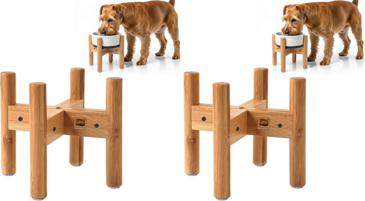 Dog Bowl Stand for Small-to-Medium Dogs - Adjustable | Use to Elevate Raise Dog Food, Water and Slow Feeder Bowls, Lock-Bolts and Tool Added, Foot-Padded, Bamboo Stand Only