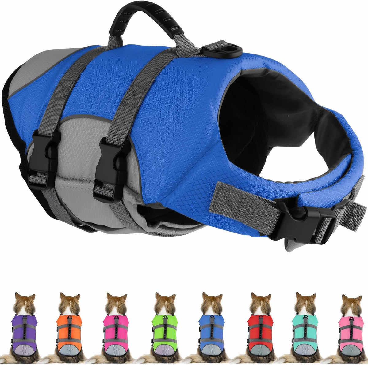 Dog Life Jacket, Reflective Adjustable Dog Life Vest with Rescue Handle for Swimming and Boating, Ripstop Pet Safety Life Preserver for Small, Medium and Large Dogs