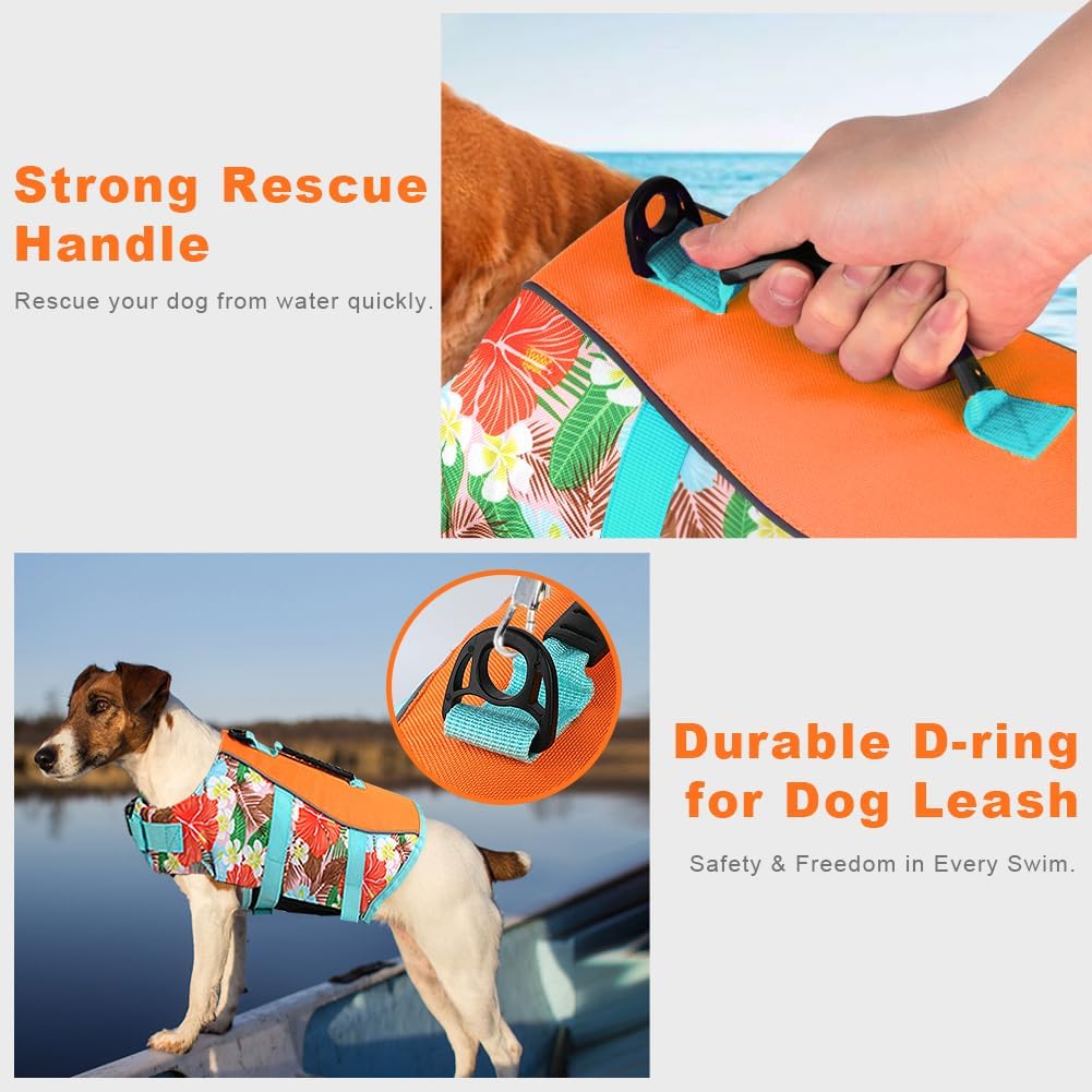 Dog Life Jacket, Reflective Adjustable Dog Life Vest with Rescue Handle for Swimming and Boating, Ripstop Pet Safety Life Preserver for Small, Medium and Large Dogs