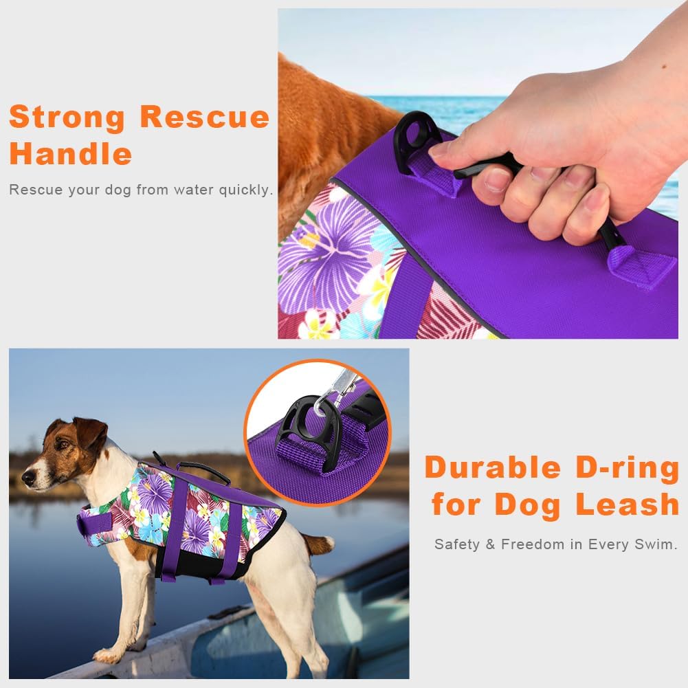 Dog Life Jacket, Reflective Adjustable Dog Life Vest with Rescue Handle for Swimming and Boating, Ripstop Pet Safety Life Preserver for Small, Medium and Large Dogs