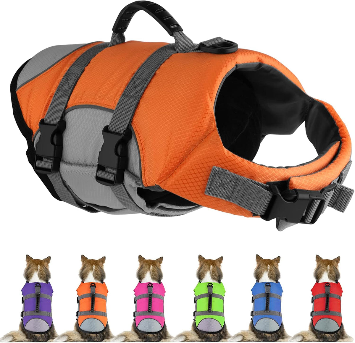 Dog Life Jacket, Reflective Adjustable Dog Life Vest with Rescue Handle for Swimming and Boating, Ripstop Pet Safety Life Preserver for Small, Medium and Large Dogs