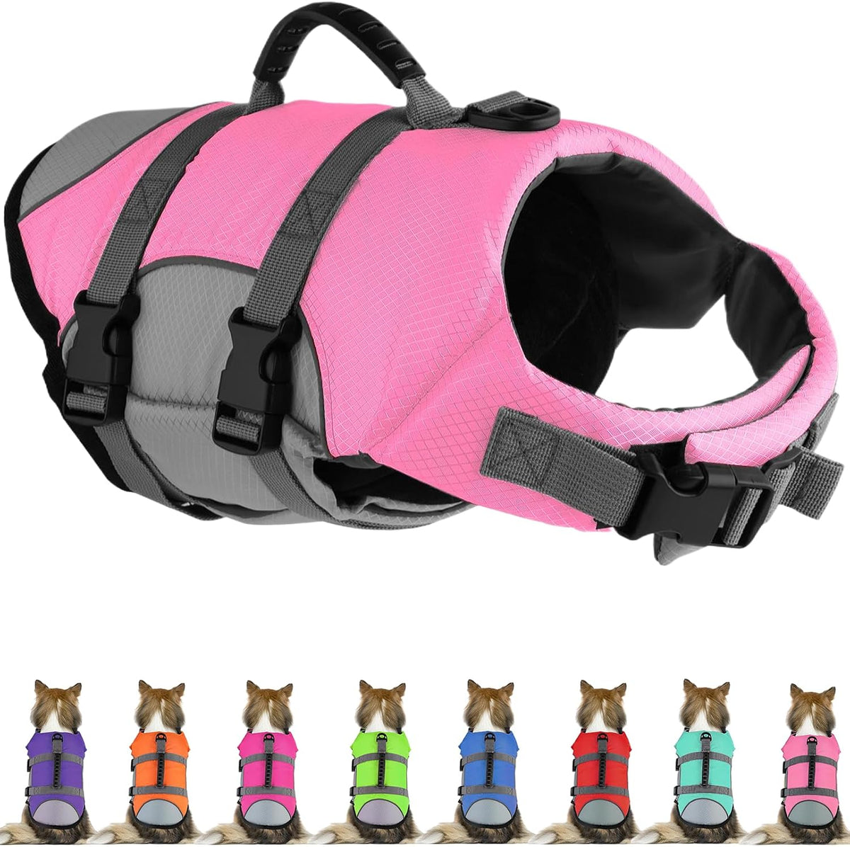 Dog Life Jacket, Reflective Adjustable Dog Life Vest with Rescue Handle for Swimming and Boating, Ripstop Pet Safety Life Preserver for Small, Medium and Large Dogs