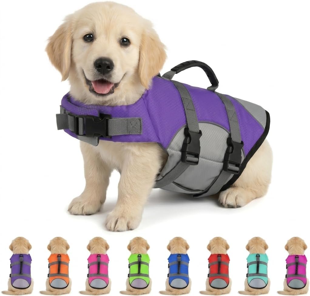 Dog Life Jacket, Reflective Adjustable Dog Life Vest with Rescue Handle for Swimming and Boating, Ripstop Pet Safety Life Preserver for Small, Medium and Large Dogs