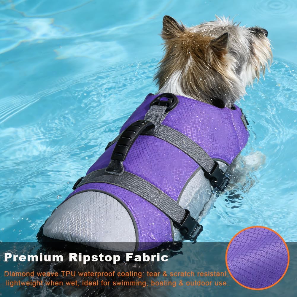 Dog Life Jacket, Reflective Adjustable Dog Life Vest with Rescue Handle for Swimming and Boating, Ripstop Pet Safety Life Preserver for Small, Medium and Large Dogs