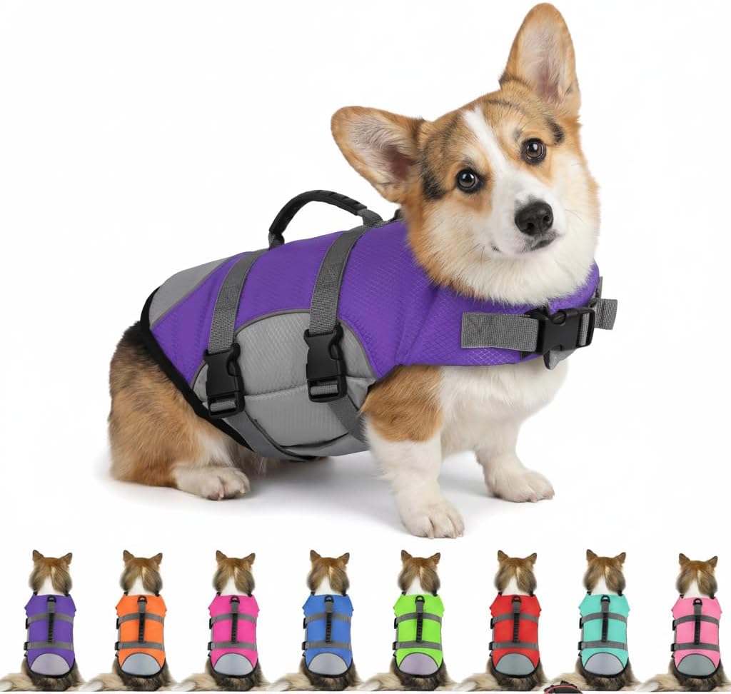 Dog Life Jacket, Reflective Adjustable Dog Life Vest with Rescue Handle for Swimming and Boating, Ripstop Pet Safety Life Preserver for Small, Medium and Large Dogs