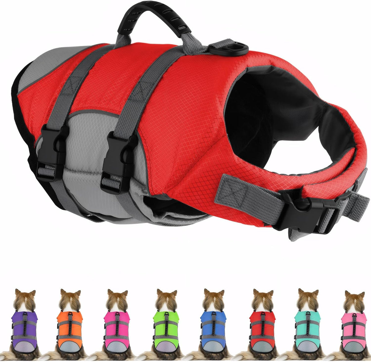Dog Life Jacket, Reflective Adjustable Dog Life Vest with Rescue Handle for Swimming and Boating, Ripstop Pet Safety Life Preserver for Small, Medium and Large Dogs