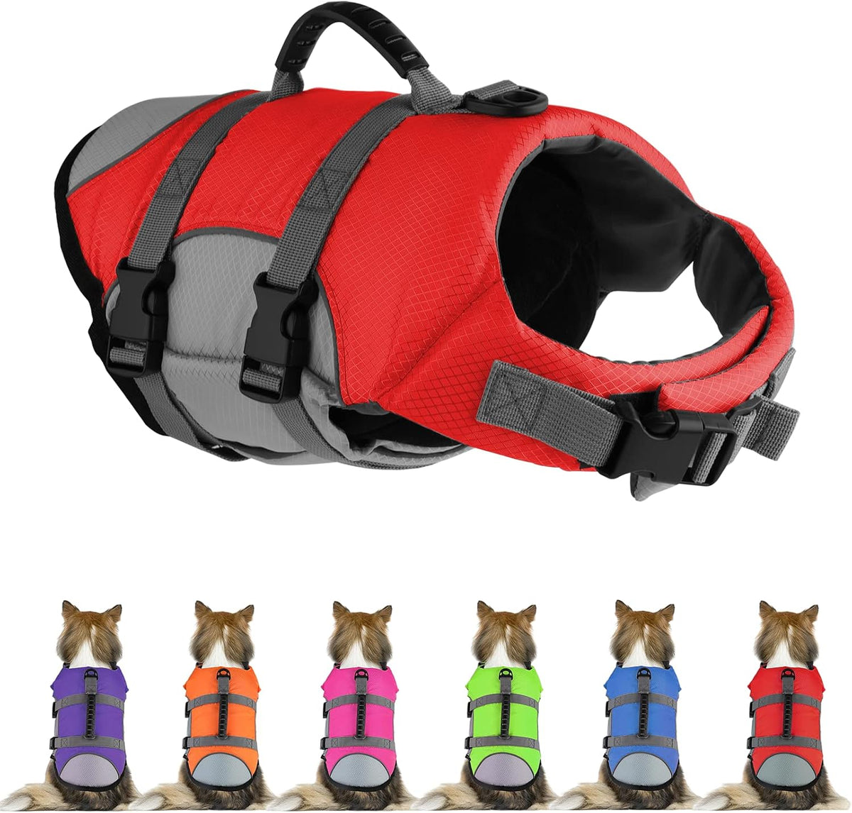 Dog Life Jacket, Reflective Adjustable Dog Life Vest with Rescue Handle for Swimming and Boating, Ripstop Pet Safety Life Preserver for Small, Medium and Large Dogs
