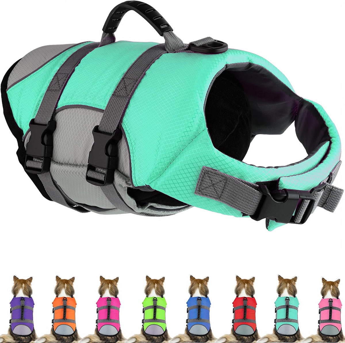 Dog Life Jacket, Reflective Adjustable Dog Life Vest with Rescue Handle for Swimming and Boating, Ripstop Pet Safety Life Preserver for Small, Medium and Large Dogs