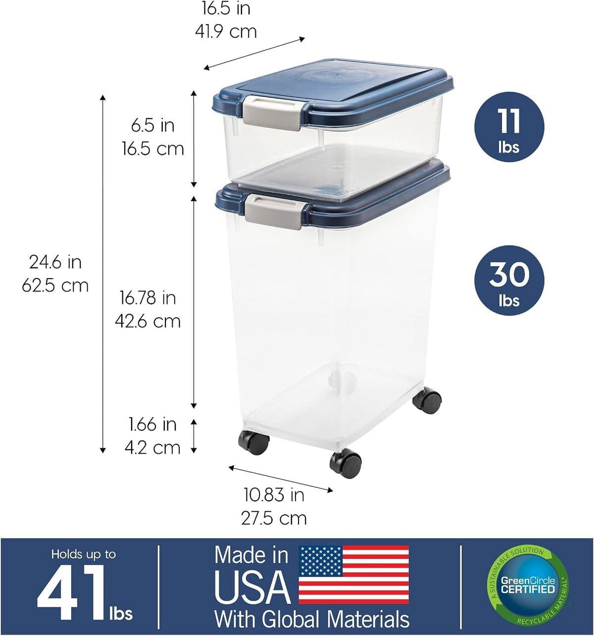 Dog Food Storage Container, Up to 30+11 lbs, Navy, Made in USA