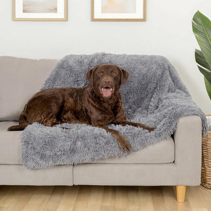 Waterproof Throw Blanket for Dogs & Indoor Cats, Washable - Shaggy Plush Calming Long Faux Fur & Velvet Dog Blanket - Gray, Large