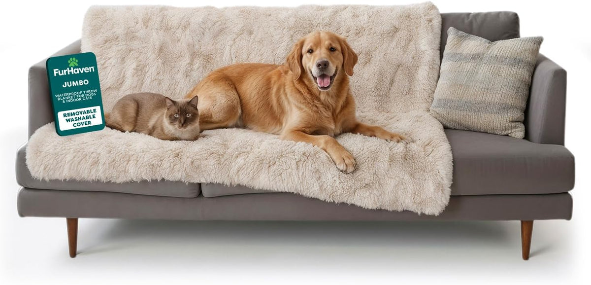 Waterproof Throw Blanket for Dogs & Indoor Cats, Washable - Shaggy Plush Calming Long Faux Fur & Velvet Dog Blanket - Gray, Large