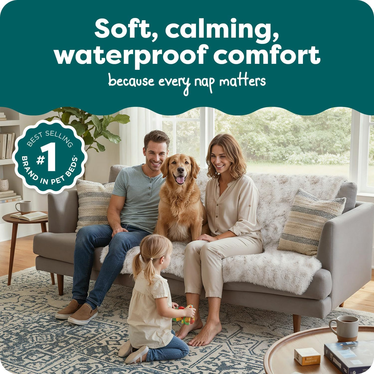 Waterproof Throw Blanket for Dogs & Indoor Cats, Washable - Shaggy Plush Calming Long Faux Fur & Velvet Dog Blanket - Gray, Large