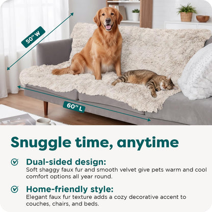 Waterproof Throw Blanket for Dogs & Indoor Cats, Washable - Shaggy Plush Calming Long Faux Fur & Velvet Dog Blanket - Gray, Large