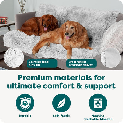 Waterproof Throw Blanket for Dogs & Indoor Cats, Washable - Shaggy Plush Calming Long Faux Fur & Velvet Dog Blanket - Gray, Large