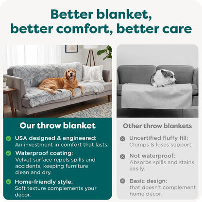 Waterproof Throw Blanket for Dogs & Indoor Cats, Washable - Shaggy Plush Calming Long Faux Fur & Velvet Dog Blanket - Gray, Large